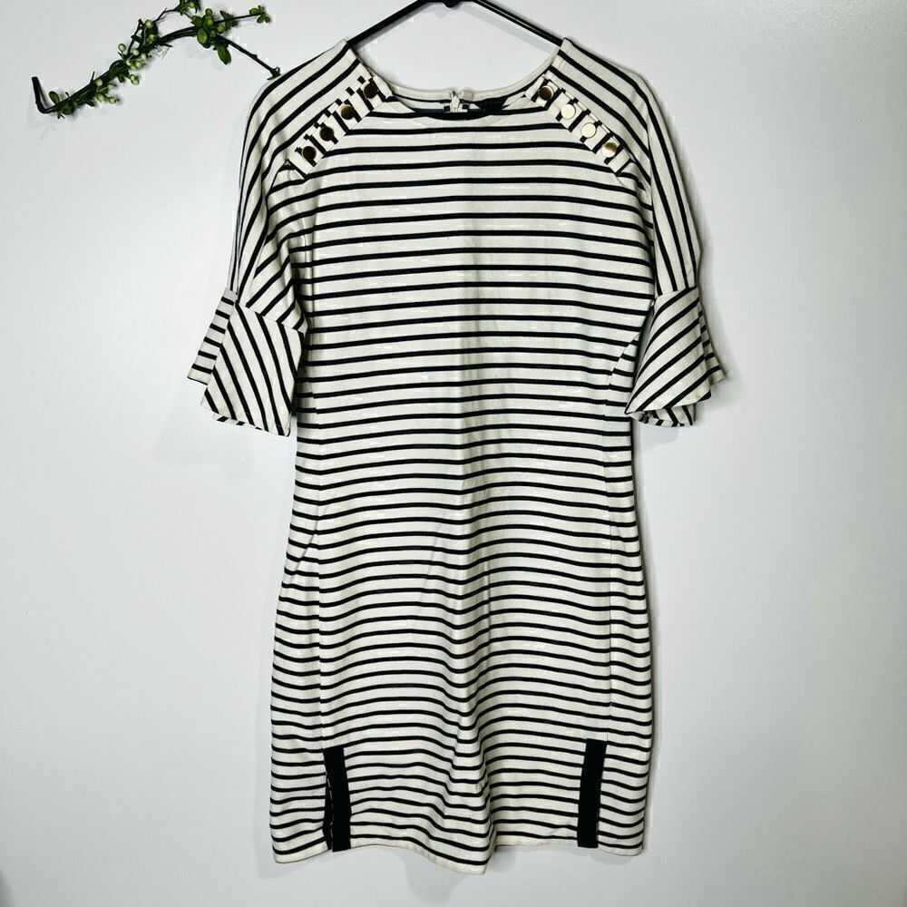 Ann Taylor Off White Navy Blue Stripe Dress Bell Sleeves Gold Buttons